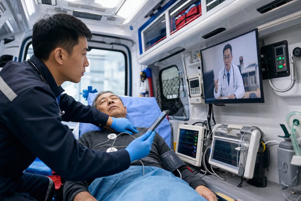 5G ambulance China stroke diagnosis cost - medical illustration