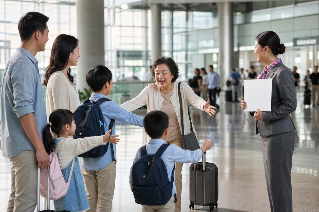 family airport meet and greet china pric - medical illustration