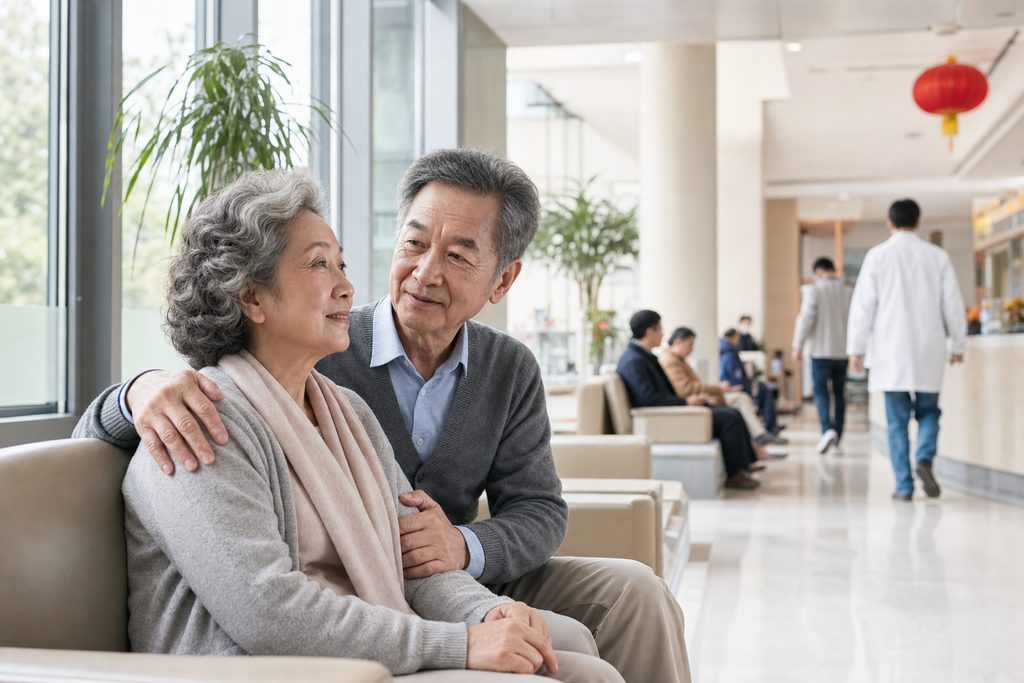 elderly spouse care during medical treat - medical illustration