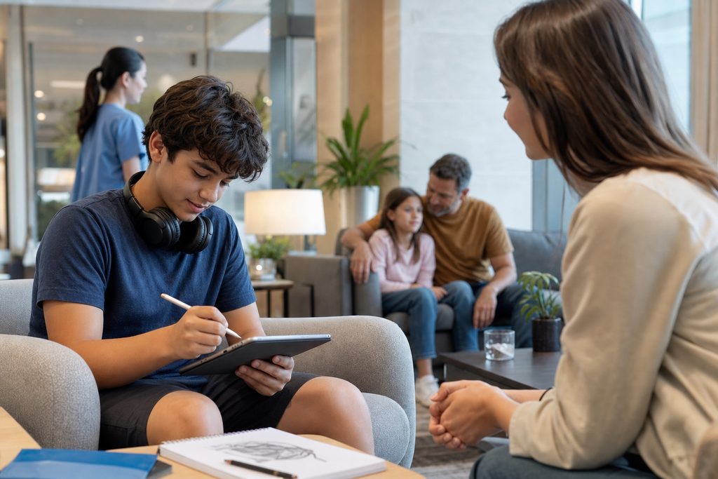 teen counseling service during family me - medical illustration