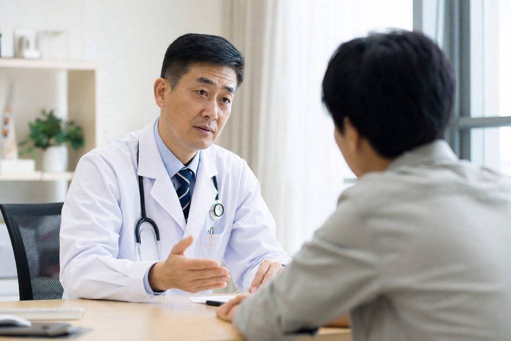 Chinese doctor bedside manner vs medical - medical illustration