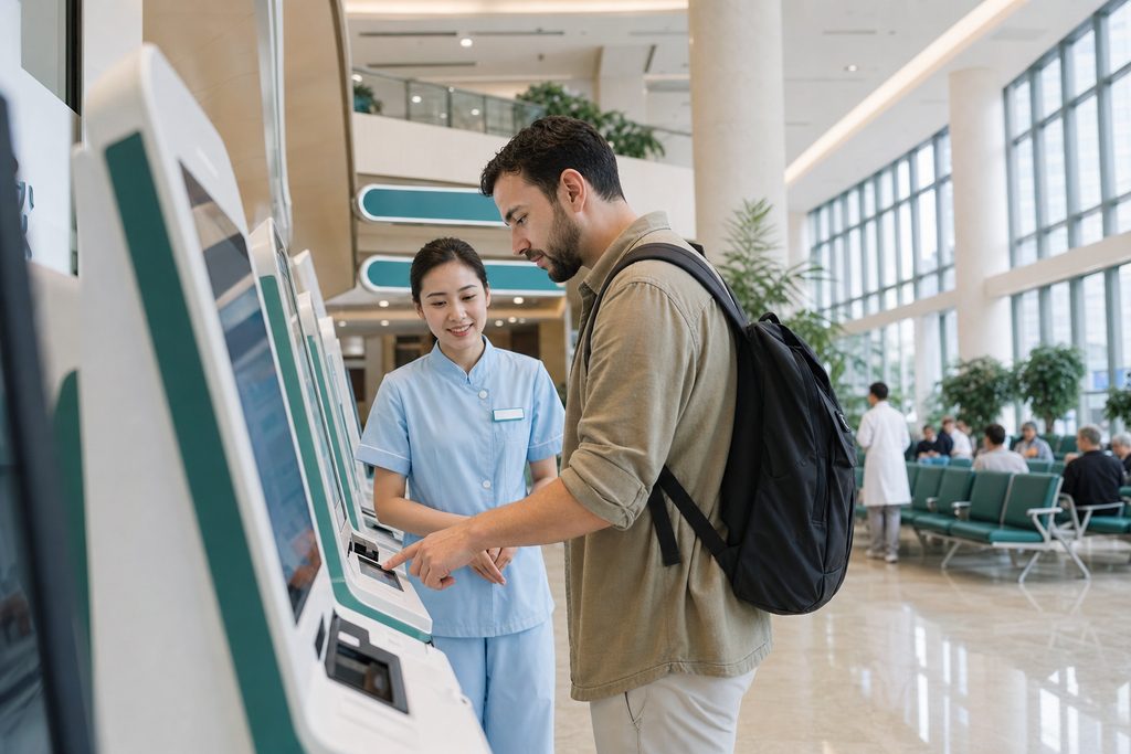 how to use hospital self-service kiosk i - medical illustration