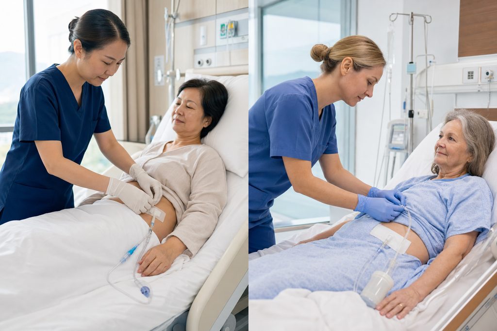 surgical drain care China vs Western hos - medical illustration