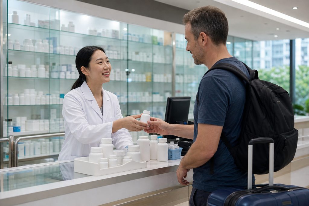pharmacy with english labels for dischar - medical illustration