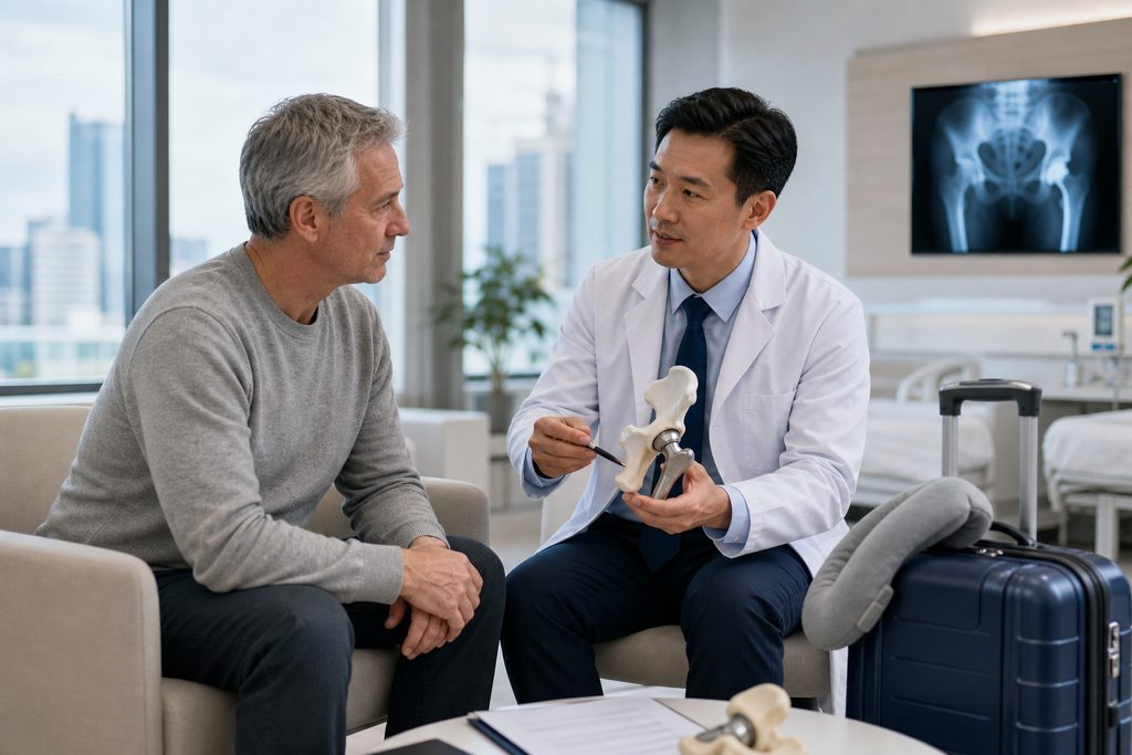 hip replacement cost China vs New Zealan - medical illustration
