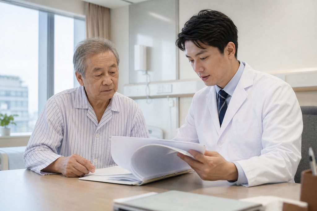 Illustrative care-planning scene; not a photograph of a patient case or medical device.