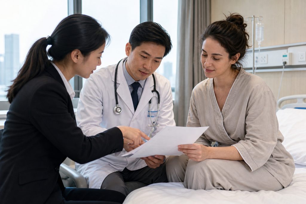 Illustrative care-planning scene; not a photograph of a patient case or medical device.