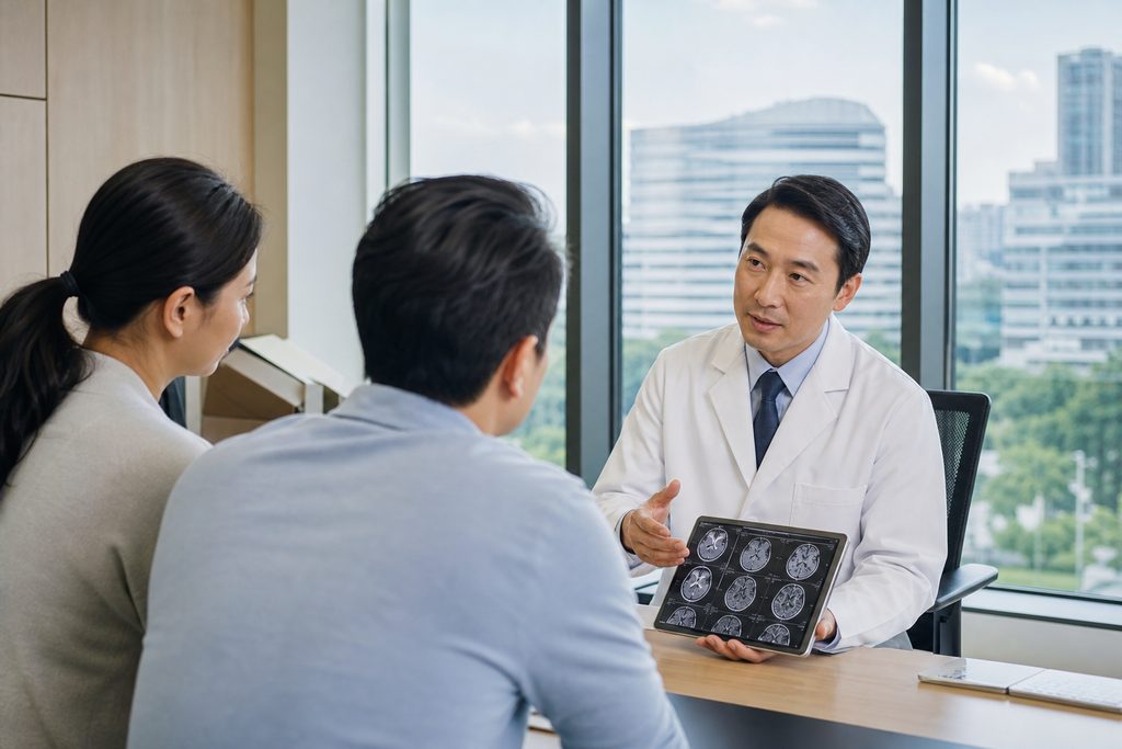 Illustrative care-planning scene; not a photograph of a patient case or medical device.