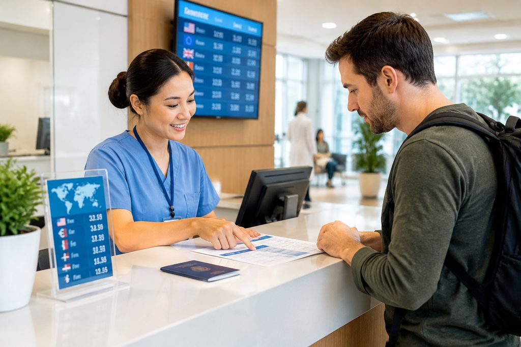 check a hospital's currency and exchange - medical illustration
