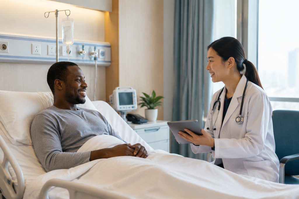 Illustrative care-planning scene; not a photograph of a patient case or medical device.