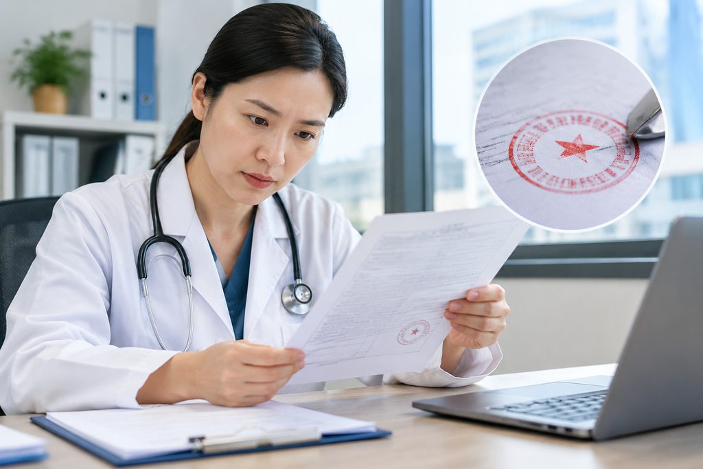 Verifying a Hospital's Official Stamp - medical illustration