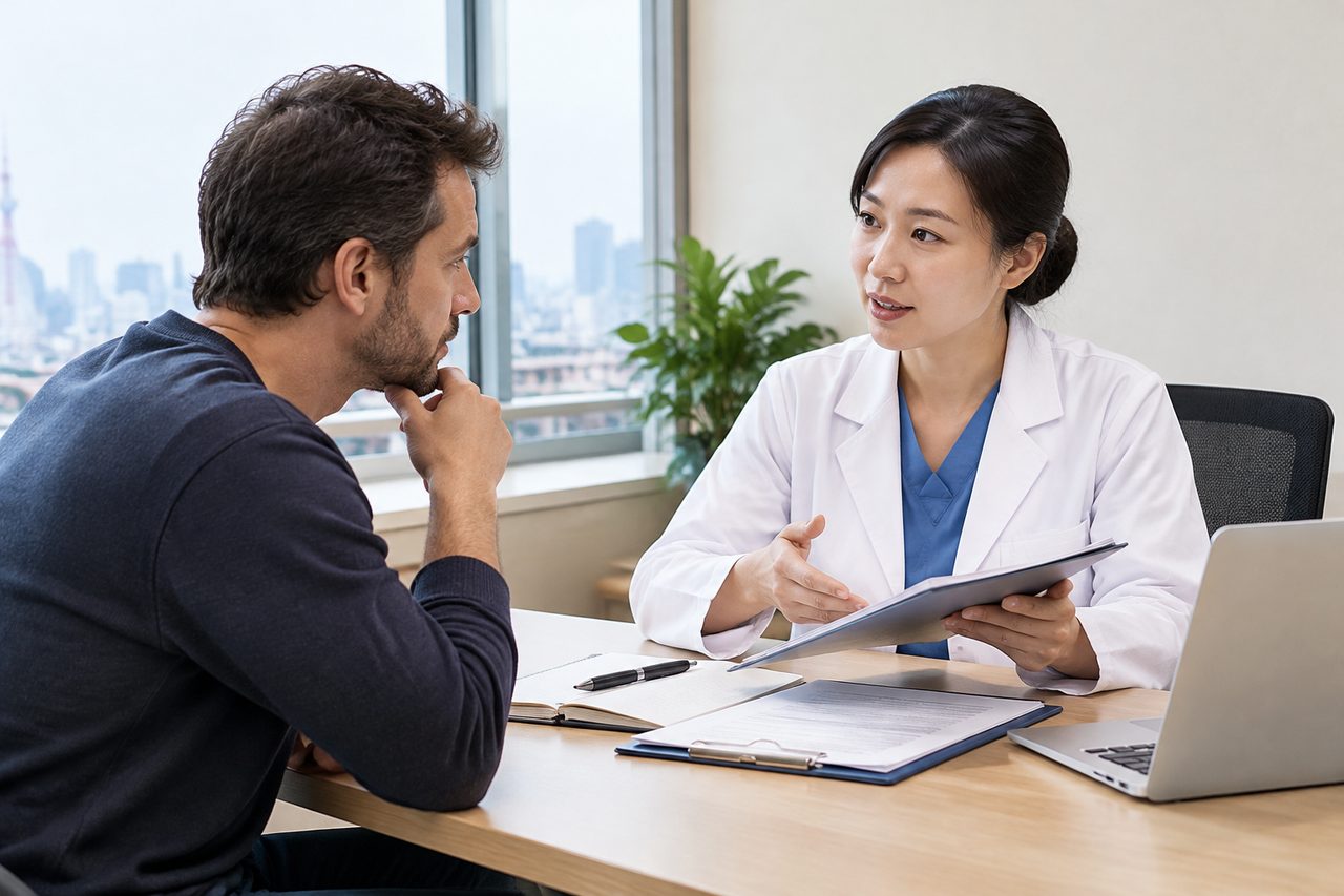 AI illustration: A doctor discusses medical information with a patient in a consultation room.