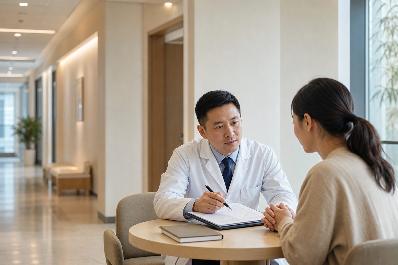 AI illustration: A doctor discusses with a patient in a modern clinic setting.