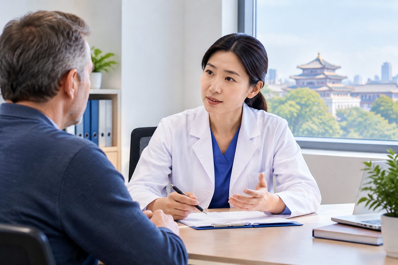 AI illustration: A doctor consulting with a patient in a modern office with a cityscape visible through the window.
