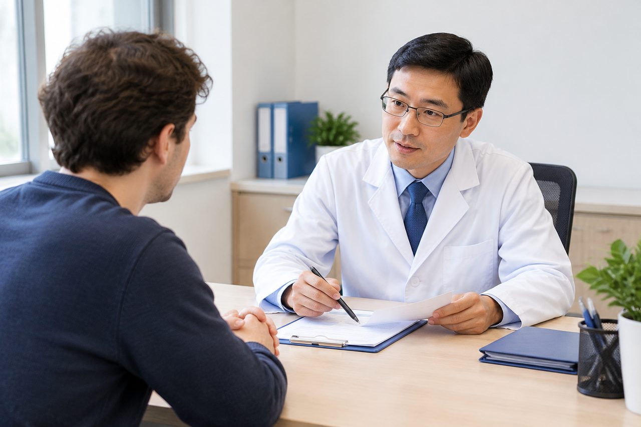 AI illustration: Doctor in white coat consulting a patient in an office setting.