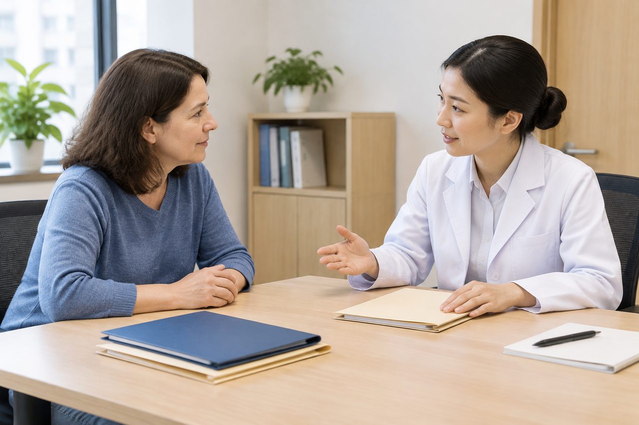 AI illustration: A doctor discusses with a patient in a consultation room.
