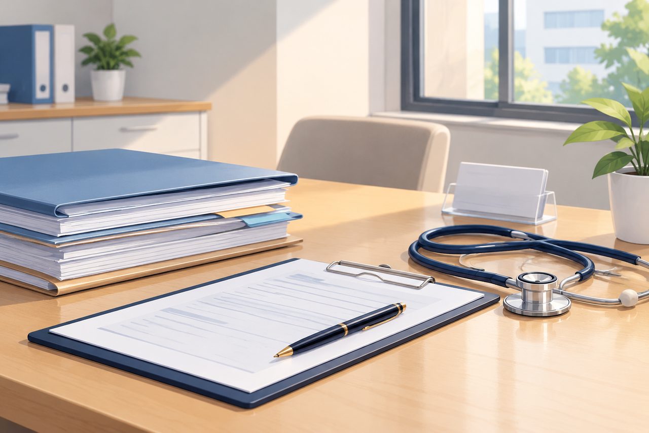 AI illustration: A medical office desk with a stethoscope, clipboard with pen, and stacked folders near a window with plants.