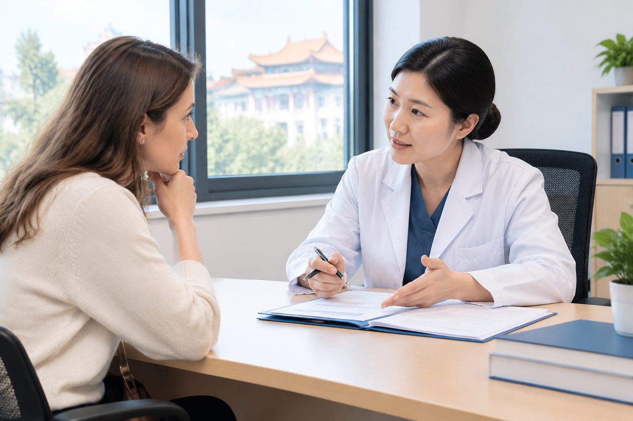 AI illustration: A female doctor consulting with a female patient in a medical office with a window showing a traditional building outside.