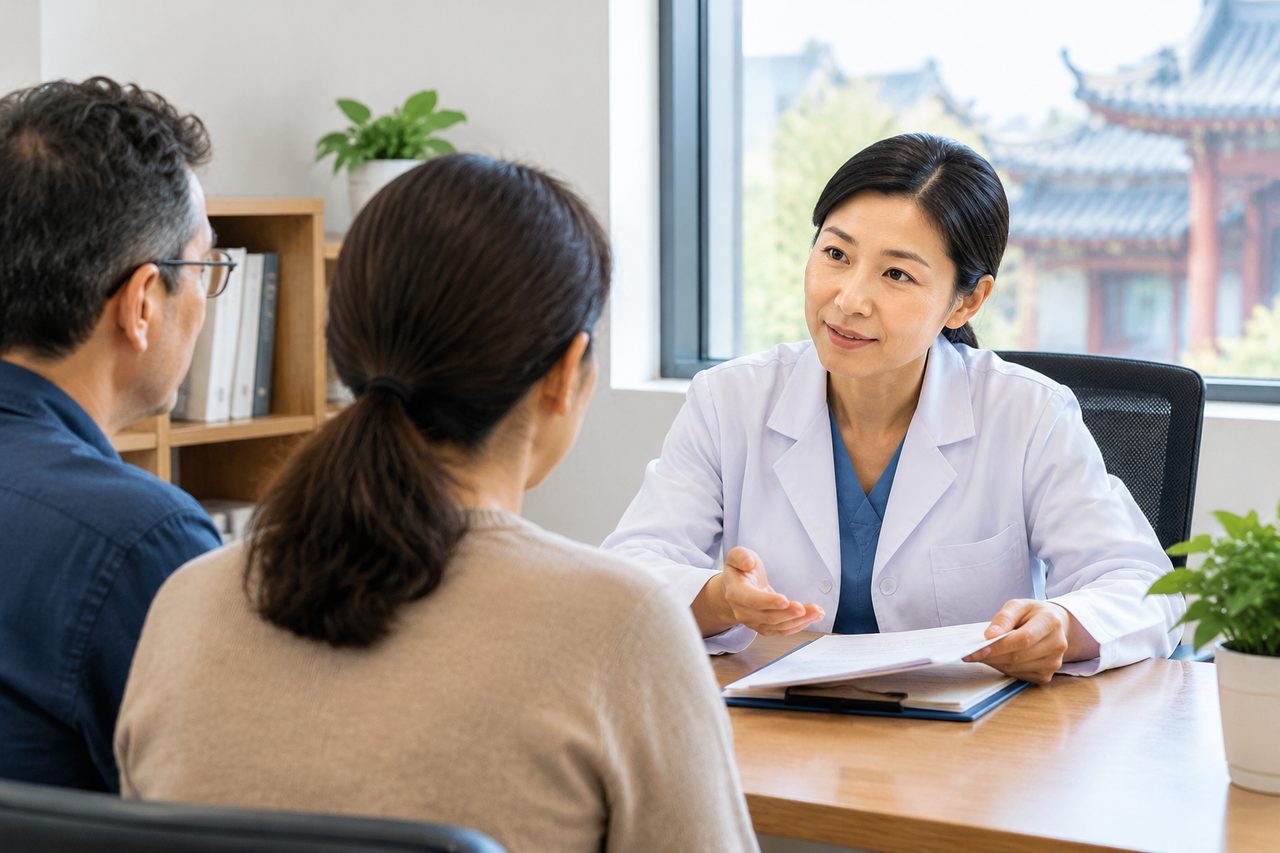 AI illustration: A doctor discusses with patients in a consultation room.