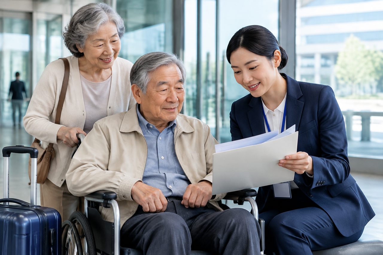 AI illustration: A caregiver assists an elderly man in a wheelchair while discussing documents with a professional in a business suit.