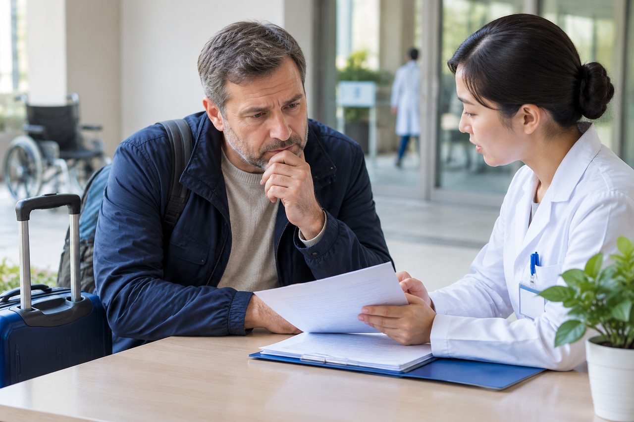 AI illustration: A patient discusses medical documents with a healthcare professional in a clinic setting.