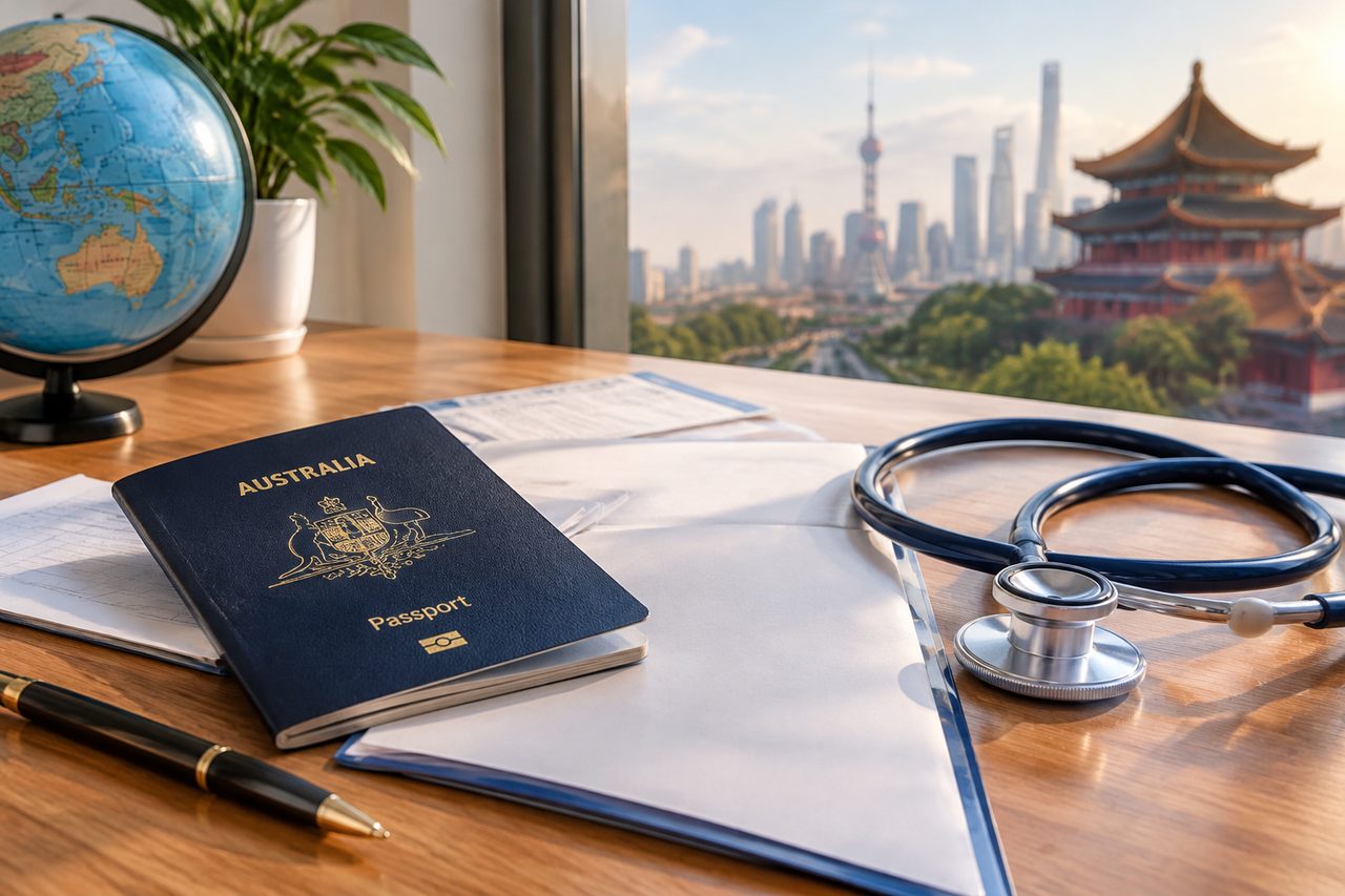 AI illustration: A passport, stethoscope, and globe are arranged on a desk with a city skyline in the background.