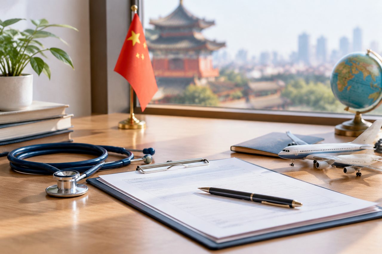 AI illustration: A medical consultation setup featuring a stethoscope, clipboard, and travel elements like a model airplane and globe.