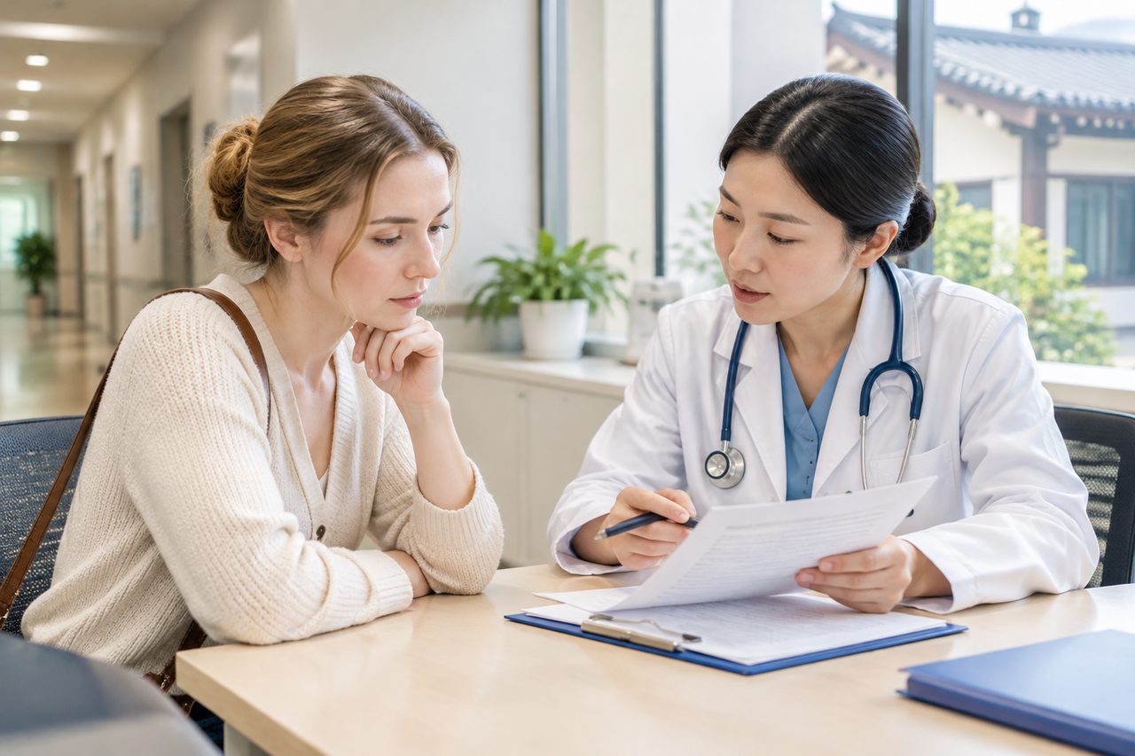 AI illustration: A doctor discusses medical documents with a patient in a consultation room.