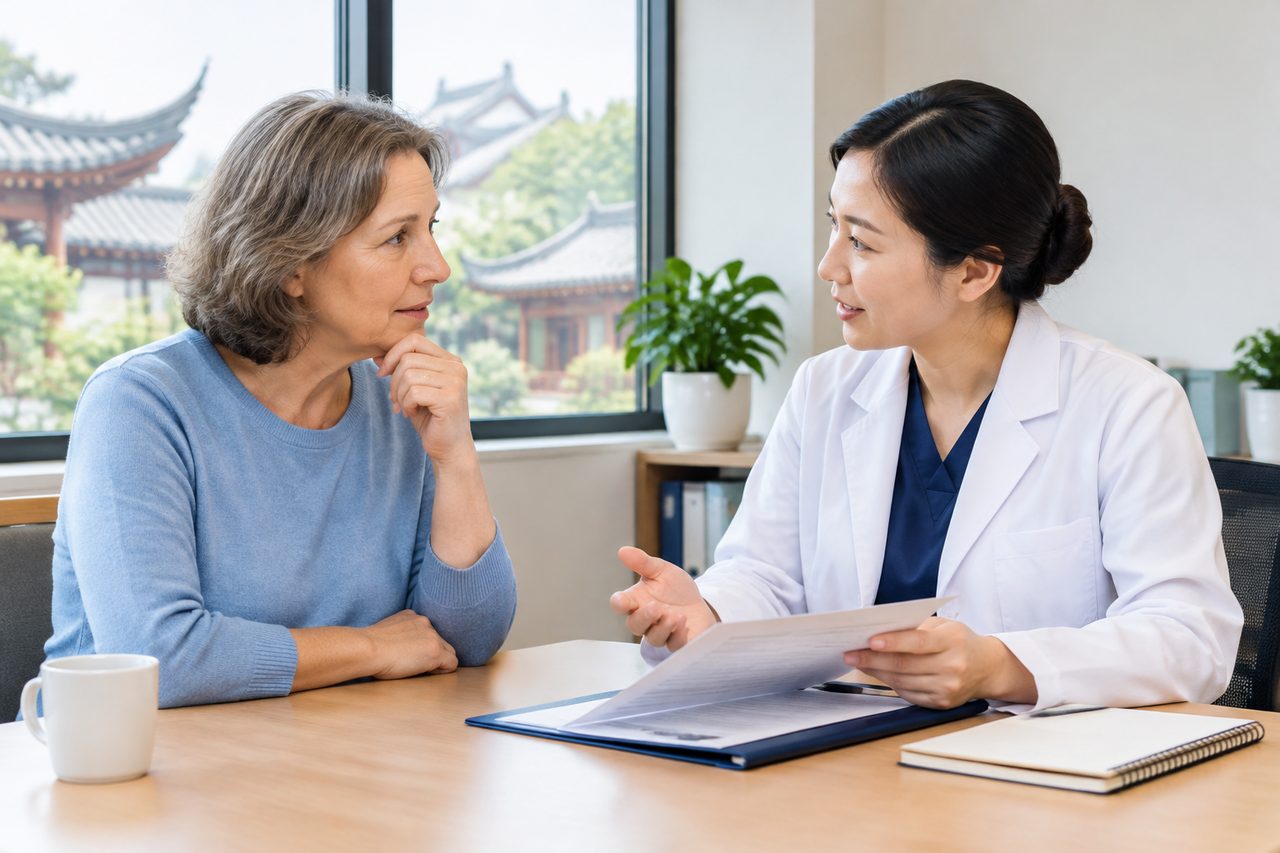 AI illustration: A doctor discusses medical information with a patient in a consultation room.
