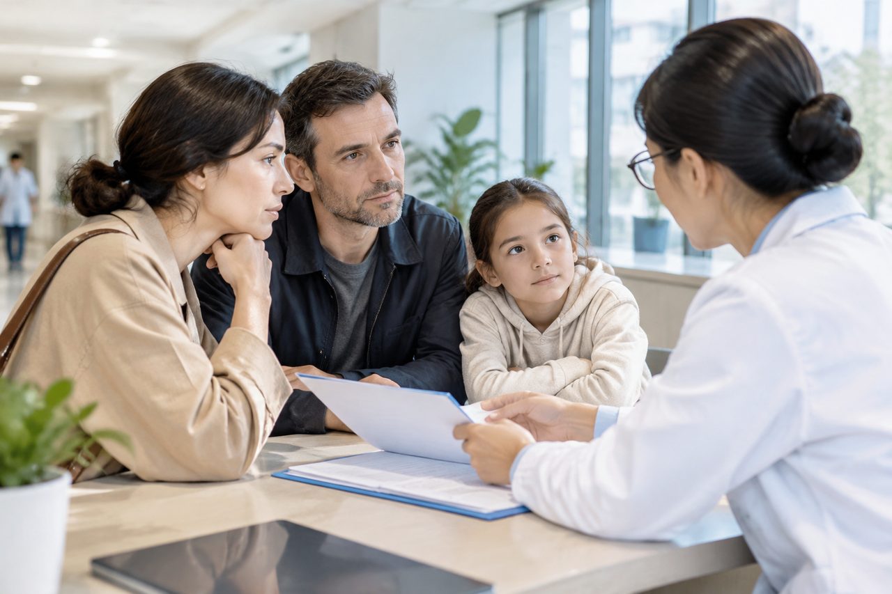 AI illustration: A family consults with a medical professional in a clinic setting.