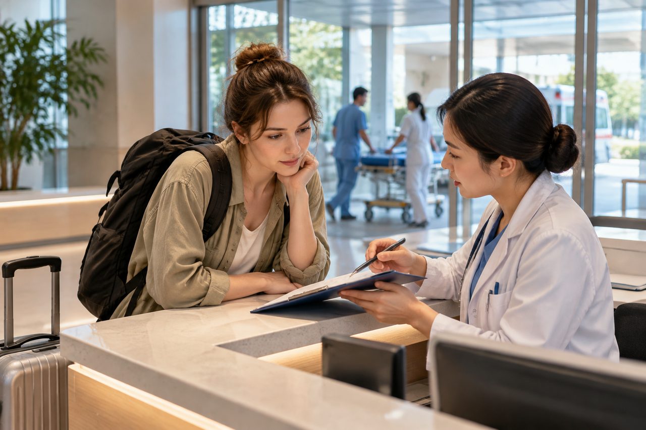 AI illustration: A patient consults with a medical professional at a hospital reception area.