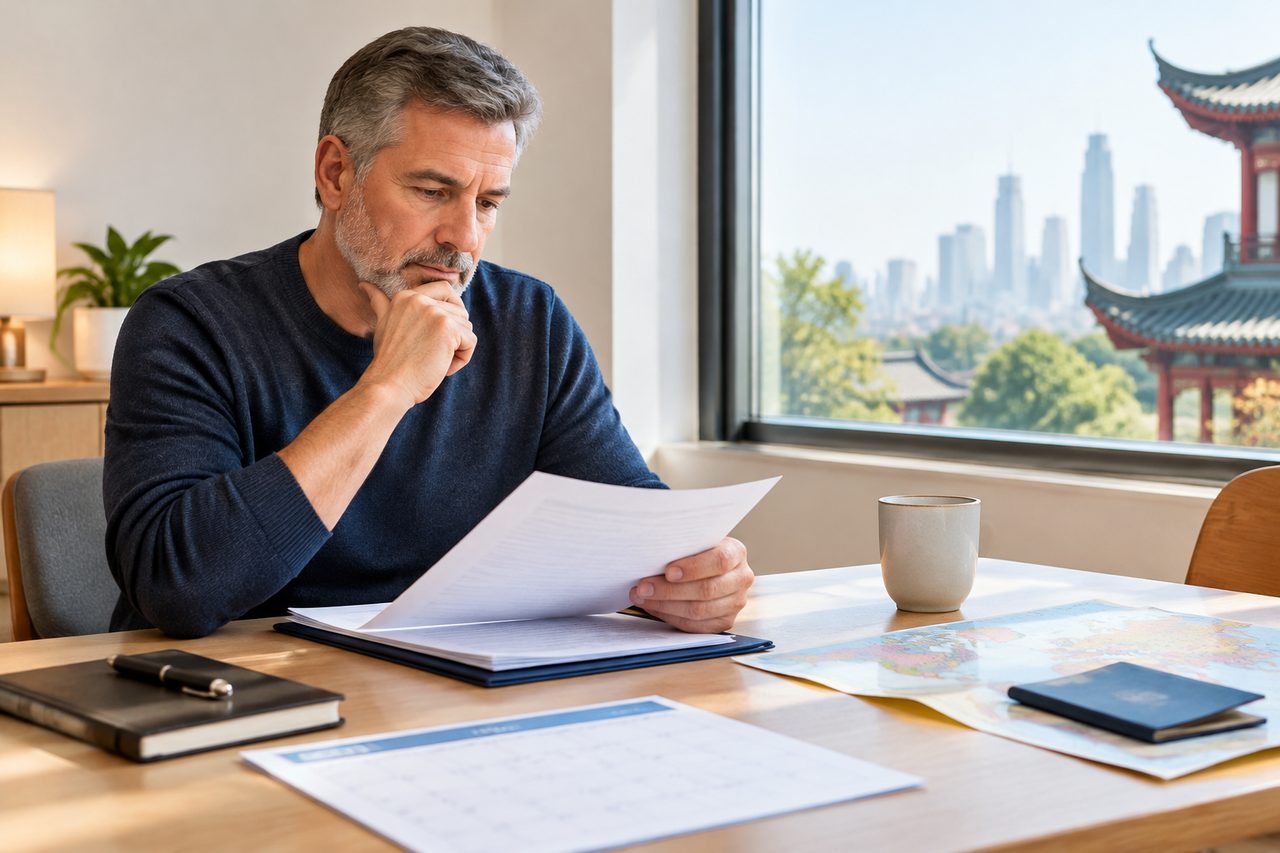 AI illustration: A man reviews documents while seated at a table with a cup and maps, overlooking a city skyline.