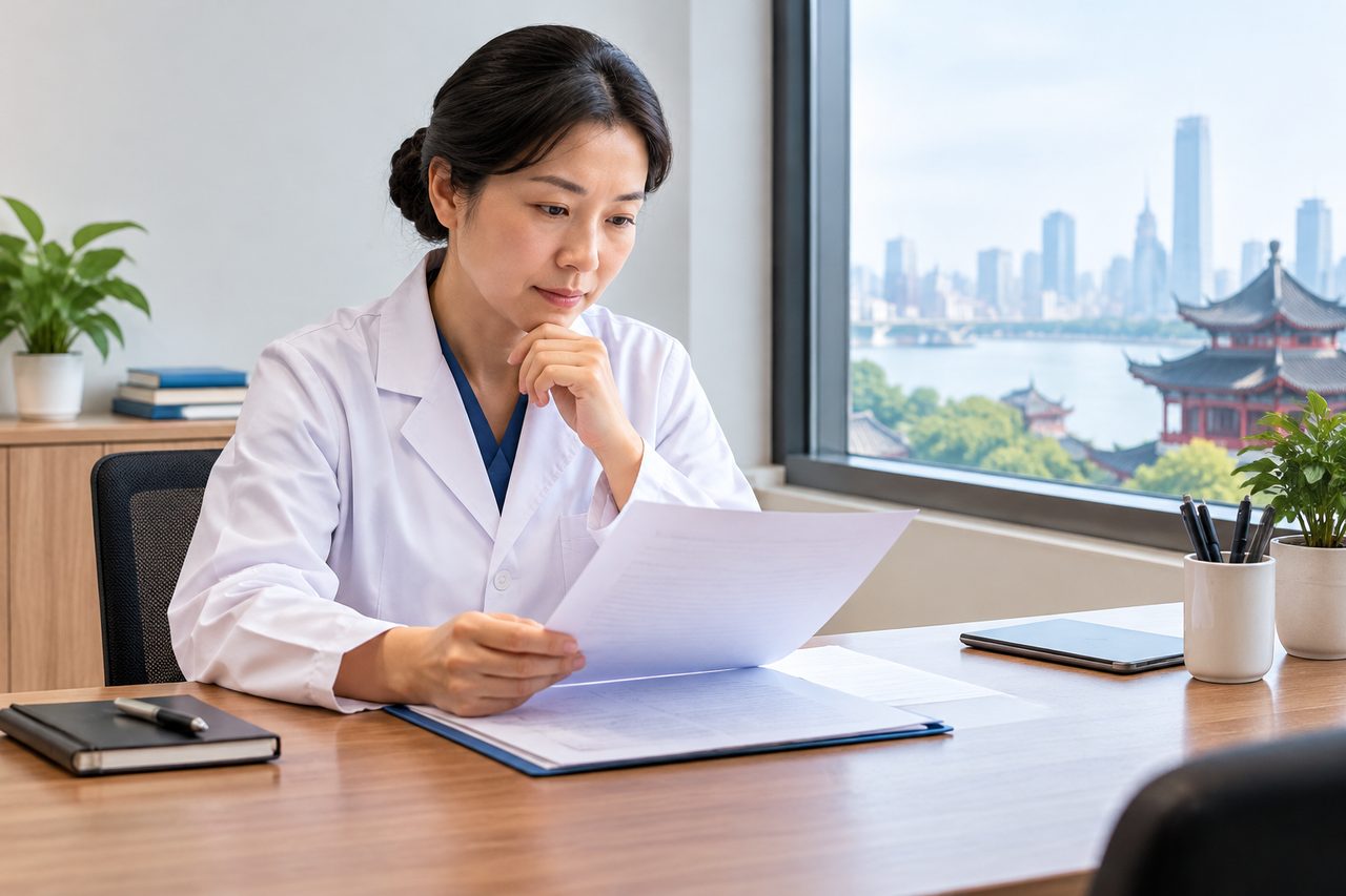 AI illustration: A doctor reviews documents in a modern office with a city skyline view.