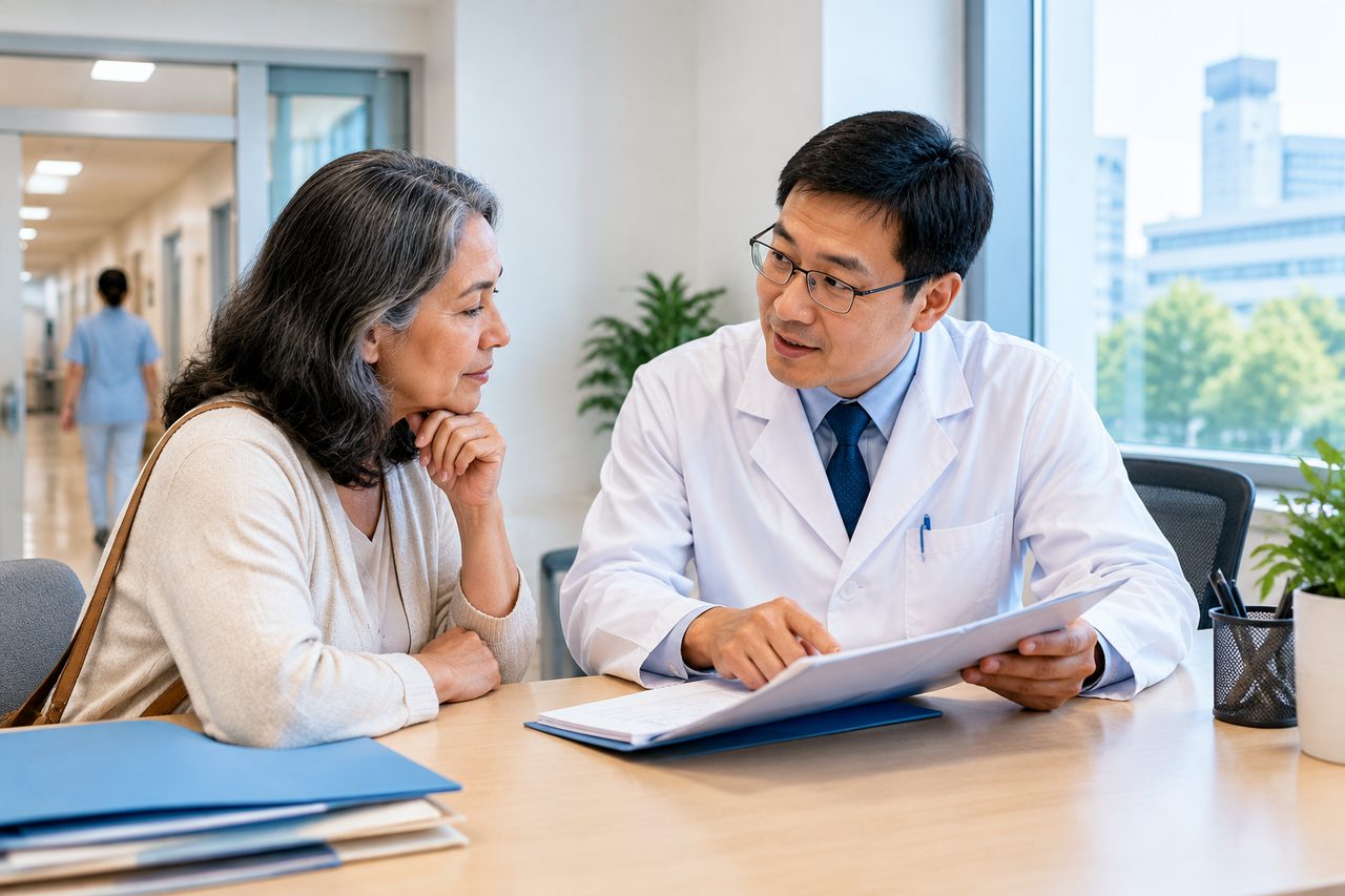 AI illustration: A doctor discusses medical information with a patient in a clinic setting.