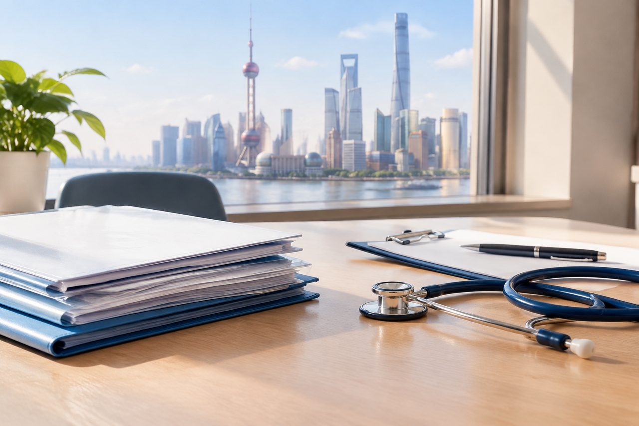 AI illustration: A medical workspace with a stethoscope, documents, and a view of a city skyline.