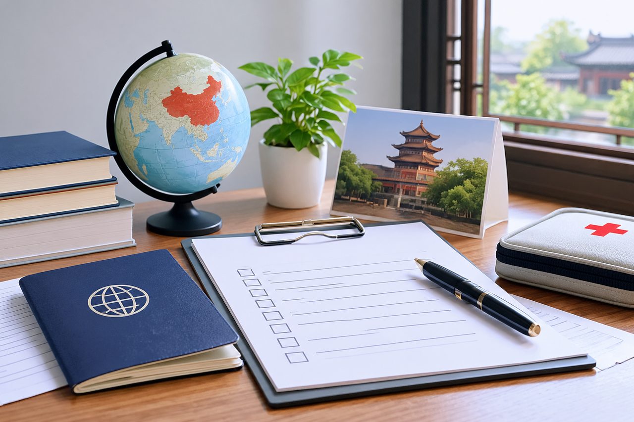 AI illustration: A travel-themed workspace featuring a globe, notebook, checklist, and first aid kit.