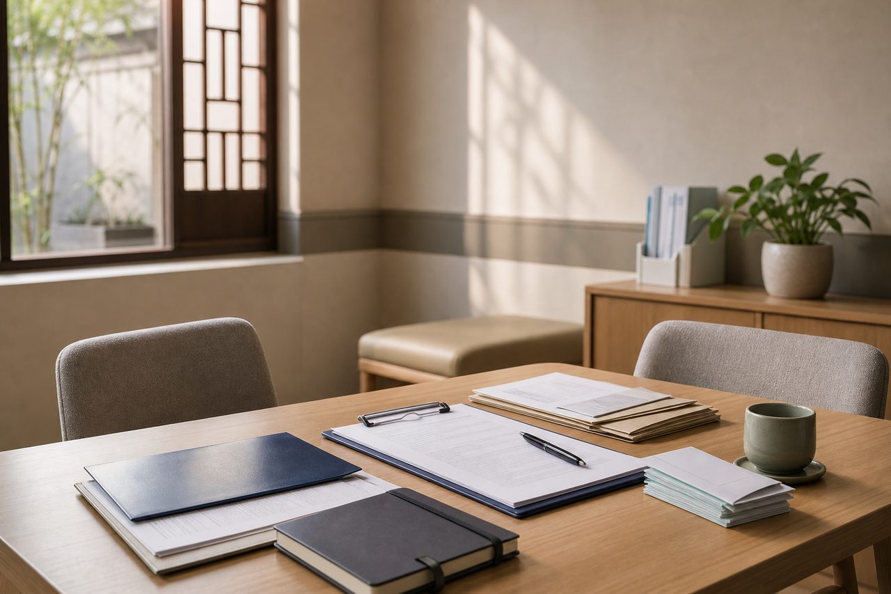 AI illustration: A well-organized workspace featuring documents, a notebook, and a plant, creating a calm atmosphere.