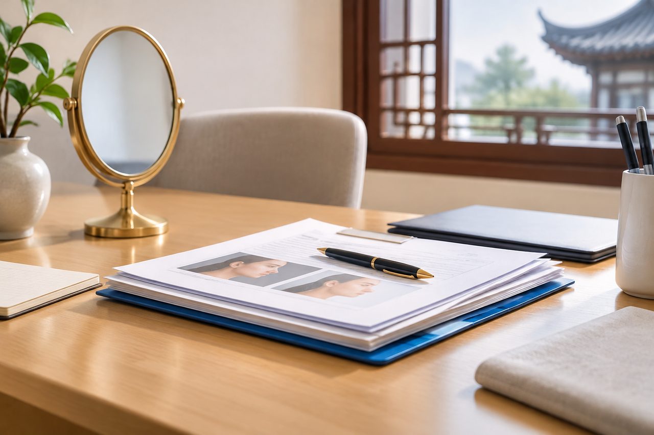AI illustration: A desk setup featuring documents, a mirror, and stationery in a well-lit room.