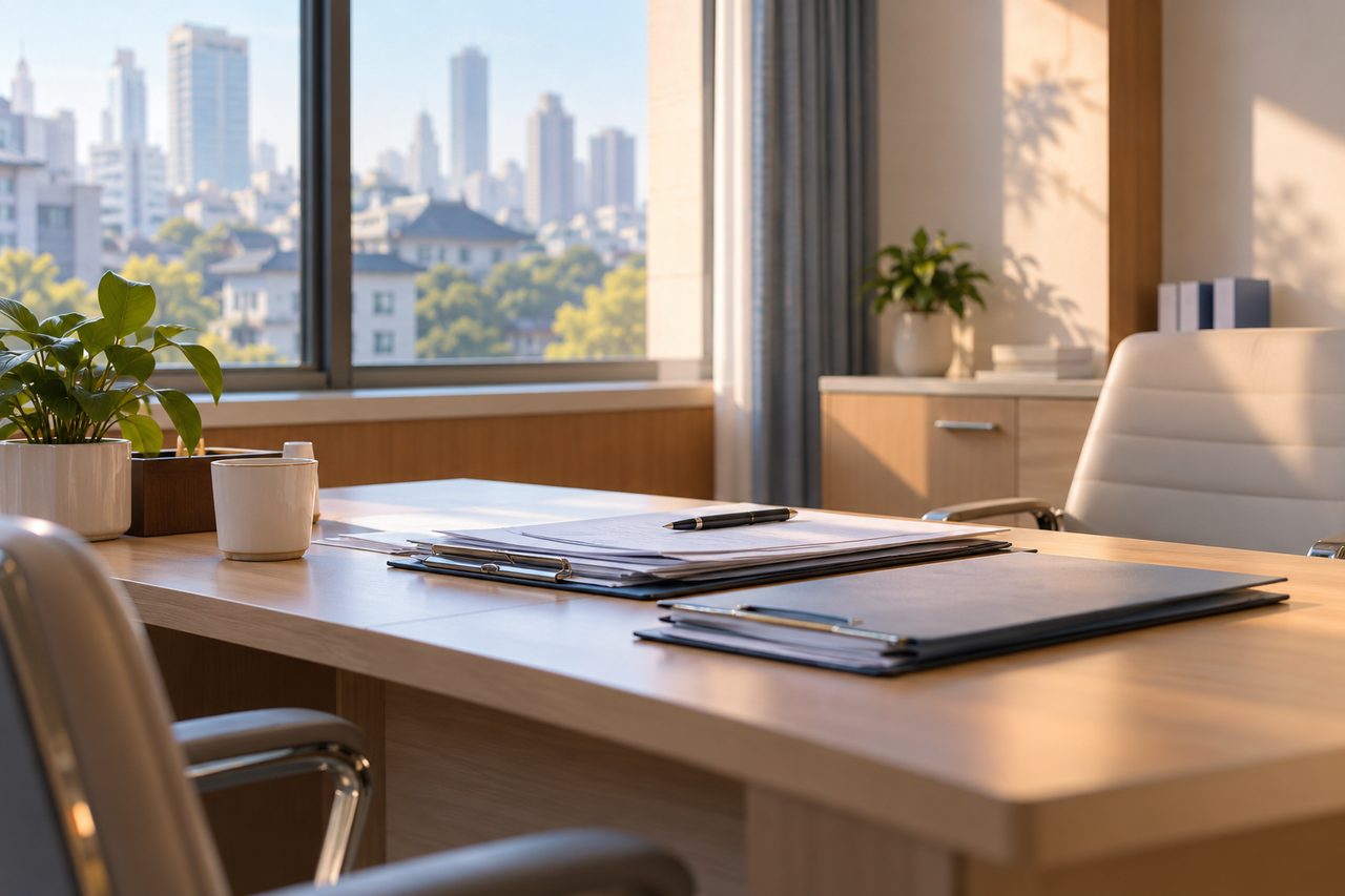 AI illustration: A modern office space featuring a desk with folders, a plant, and a city skyline view.