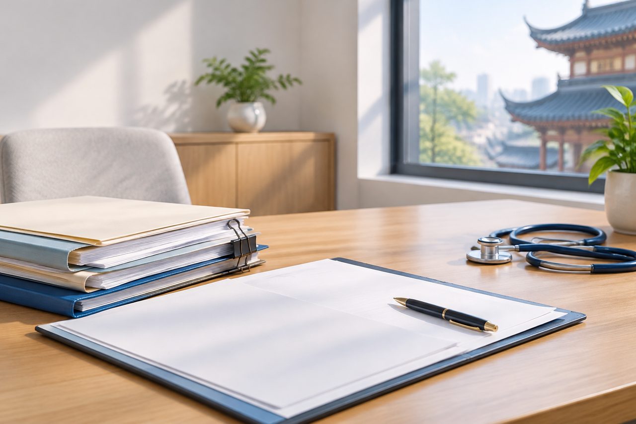 AI illustration: A medical office desk with folders, a pen, and a stethoscope, featuring a view of a traditional building outside.