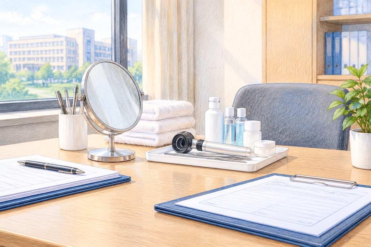 AI illustration: A medical consultation desk with a mirror, medical tools, bottles, clipboards, and a plant near a window with a city view.