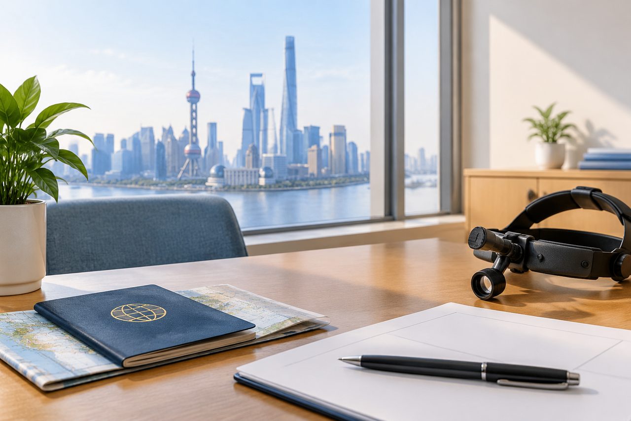AI illustration: A modern office scene featuring a view of Shanghai's skyline, with travel essentials on the desk.