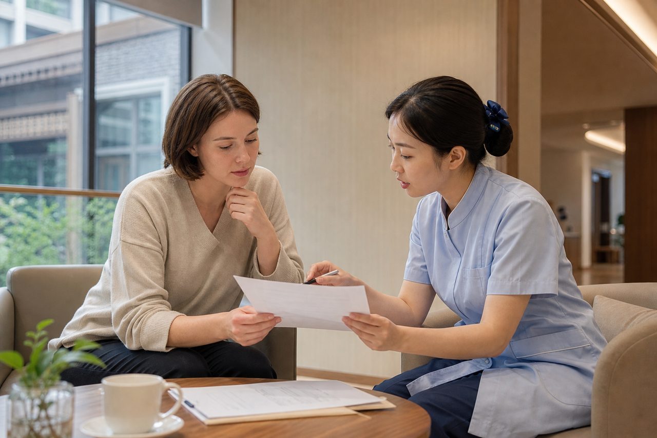 AI illustration: A healthcare professional discusses documents with a patient in a modern clinic setting.