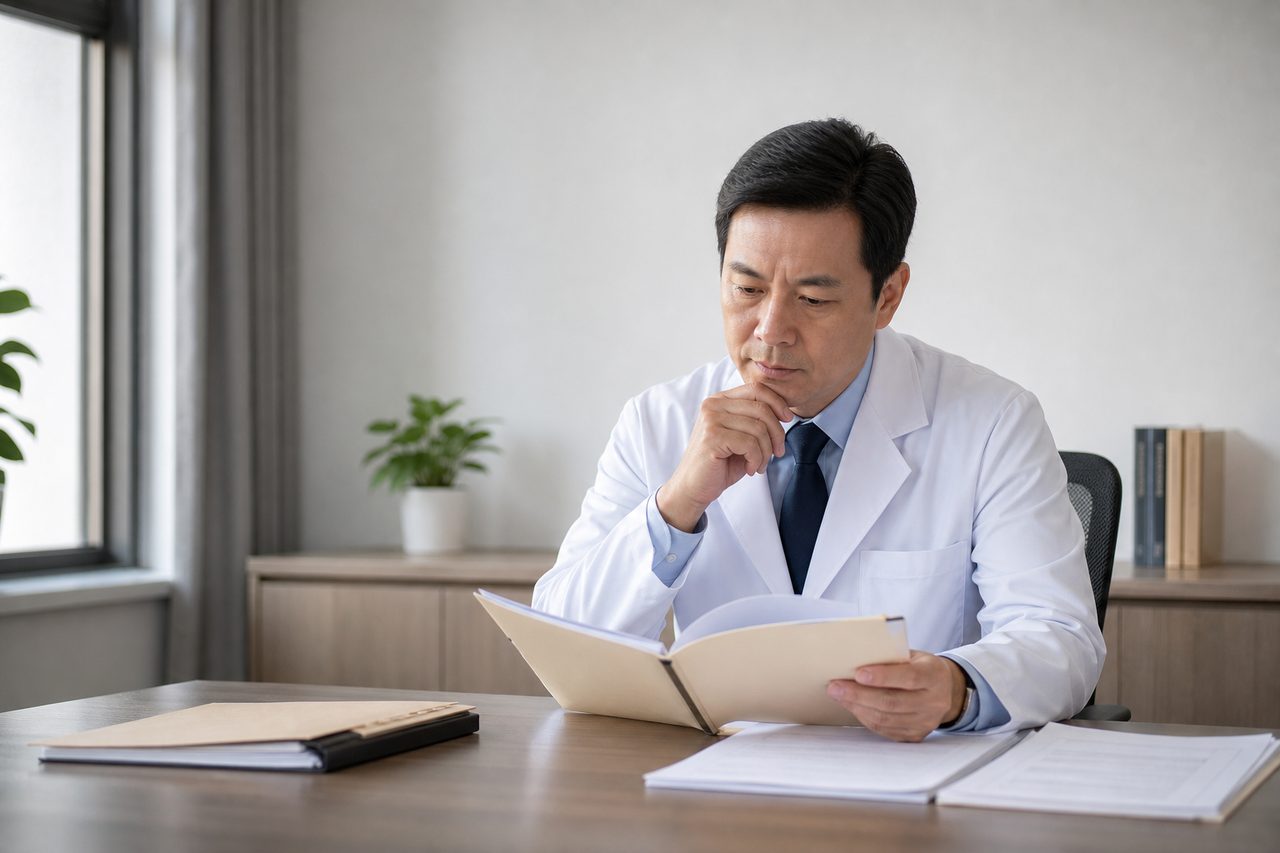 AI illustration: A doctor in a white coat reviews documents in an office setting.