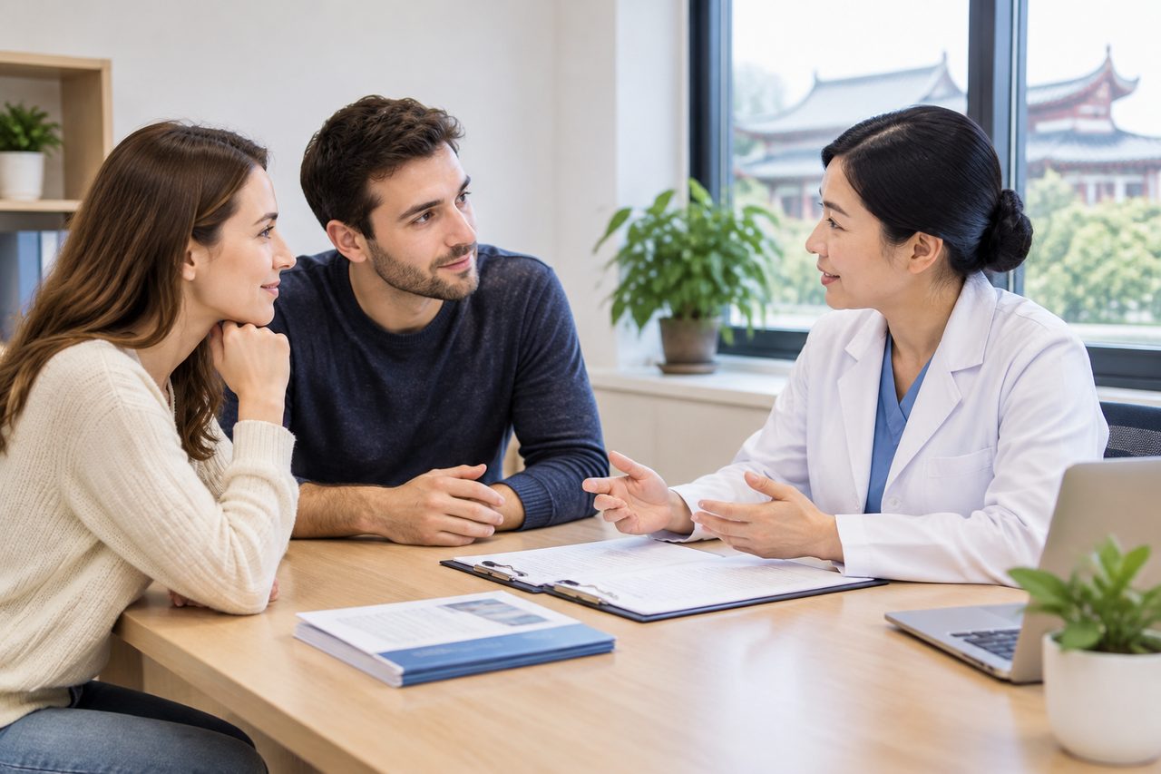 AI illustration: A doctor discusses with a couple during a consultation in a modern office setting.