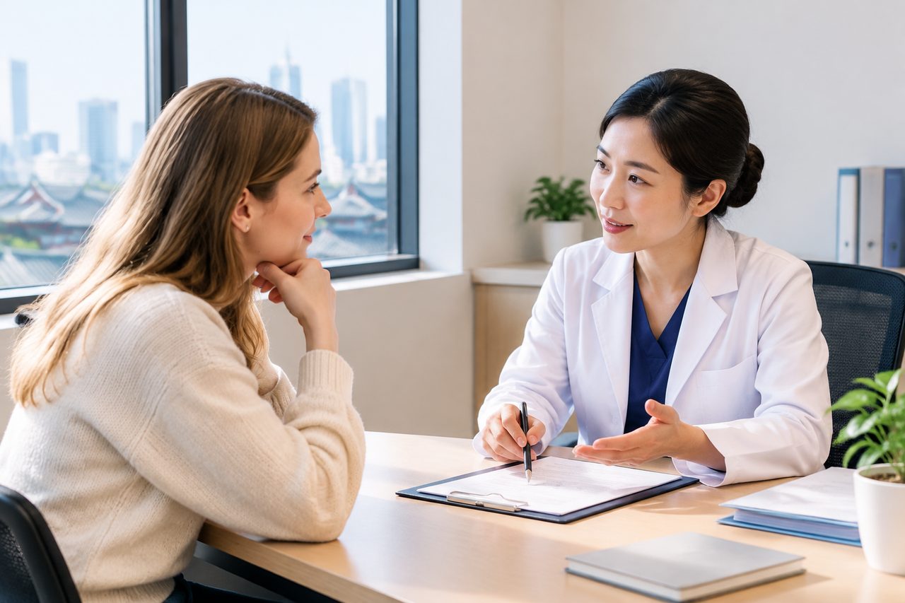 AI illustration: A doctor discusses with a patient in a consultation room.