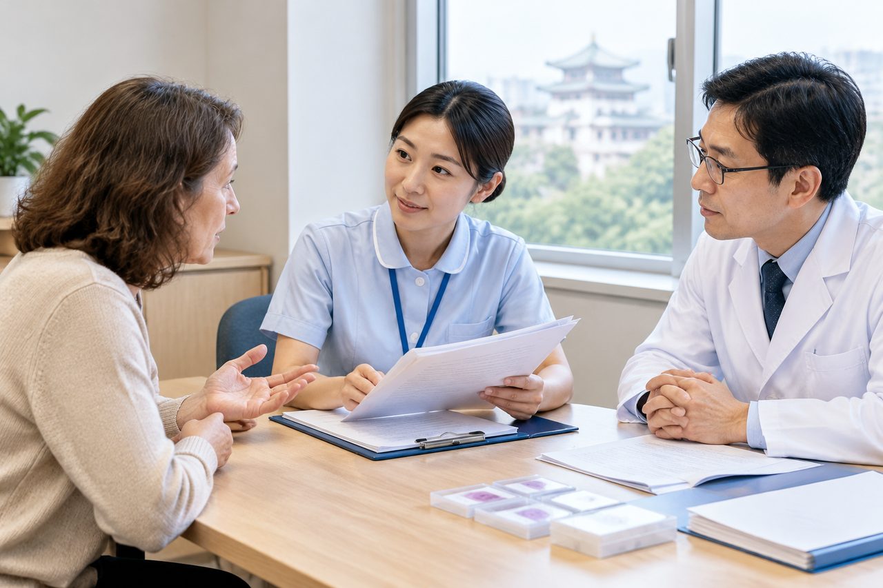 AI illustration: A patient consulting with two medical professionals in a clinic room with documents on the table and a city view outside the window.