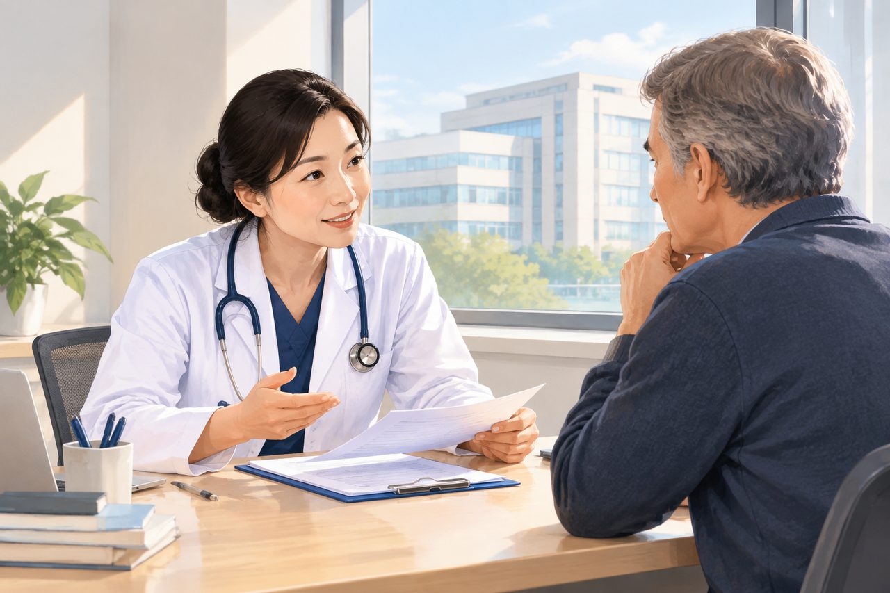 AI illustration: A female doctor consulting with an older male patient in a bright office with a window view of a building.