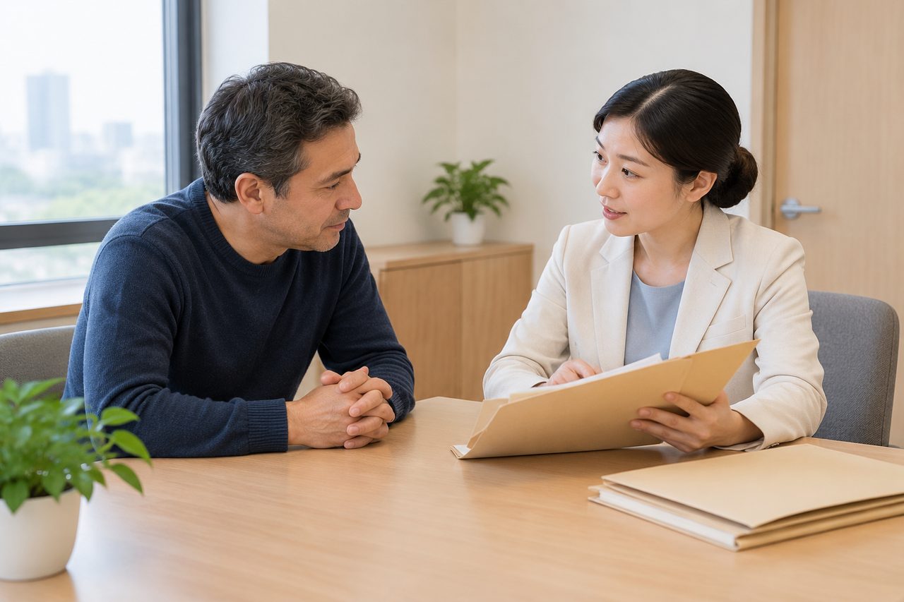 AI illustration: A consultation between a man and a woman in a professional setting, discussing documents.