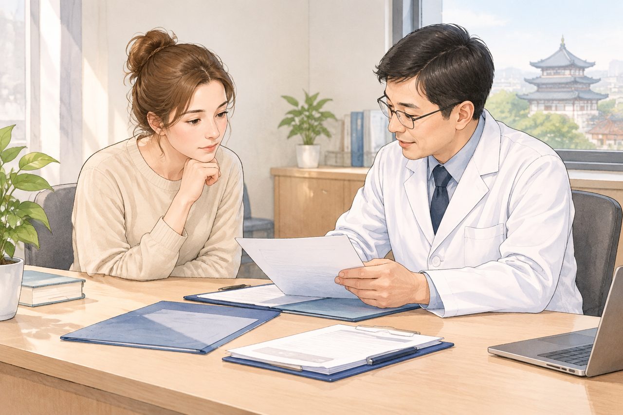 AI illustration: A doctor in a white coat consulting a female patient in an office with documents and a laptop on the table.